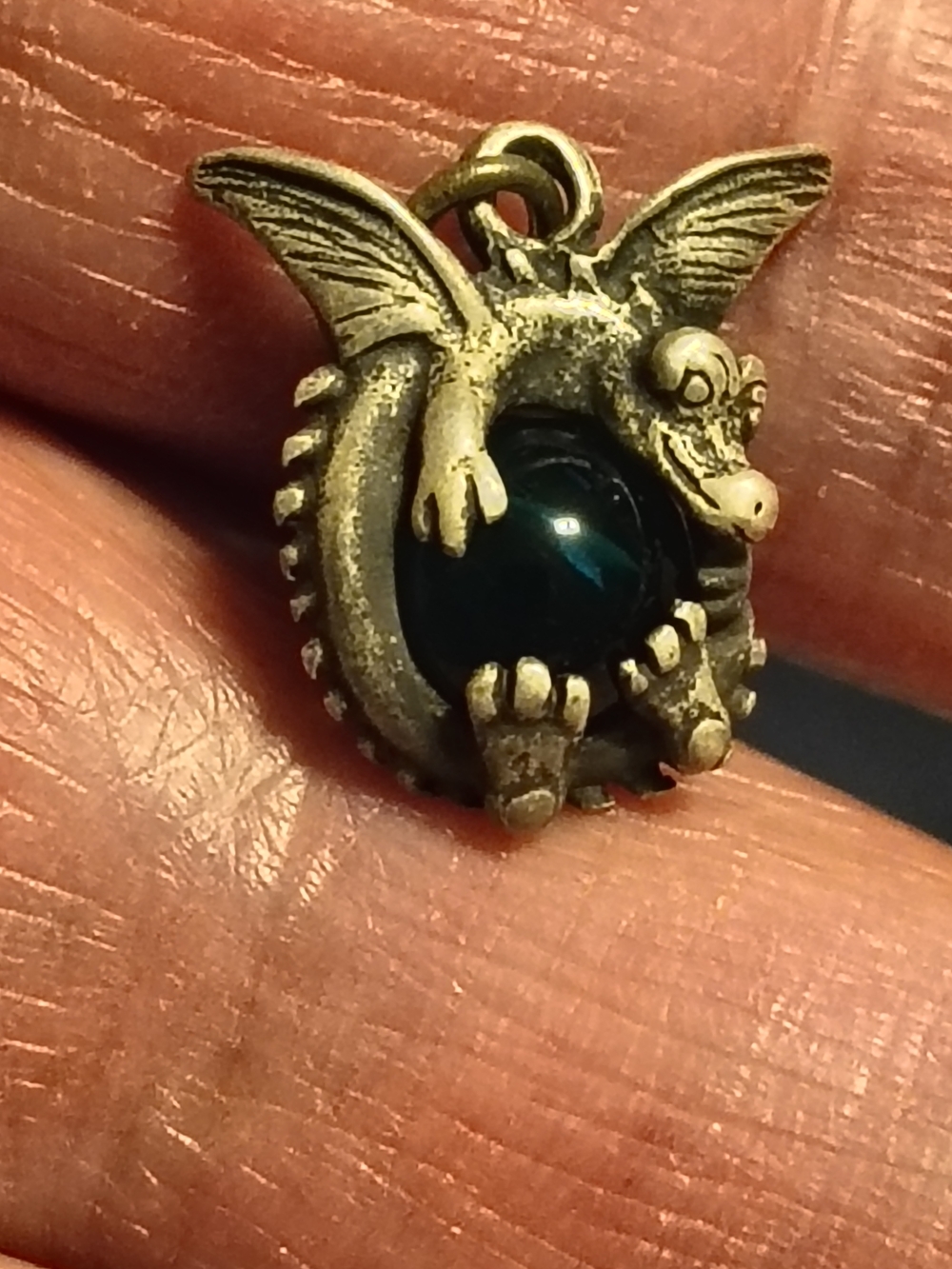 Antique Sterling Silver Dragon Pendant w/ Clear Green Glass Marble Orb Unsigned